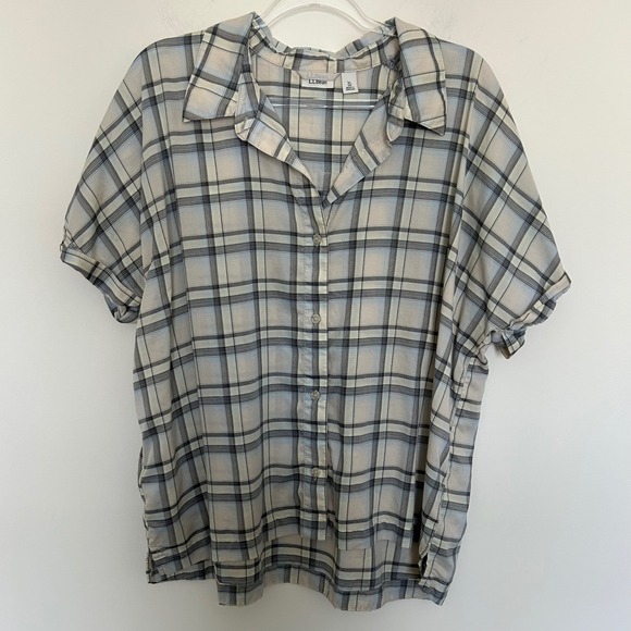 L.L. Bean Tops - L.L. Bean Button Up Shirt Blue XL Plaid Tencel Lyocell Short Sleeve 526191